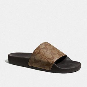 Women's COACH Khaki Tan Logo Pool Slides Sandals